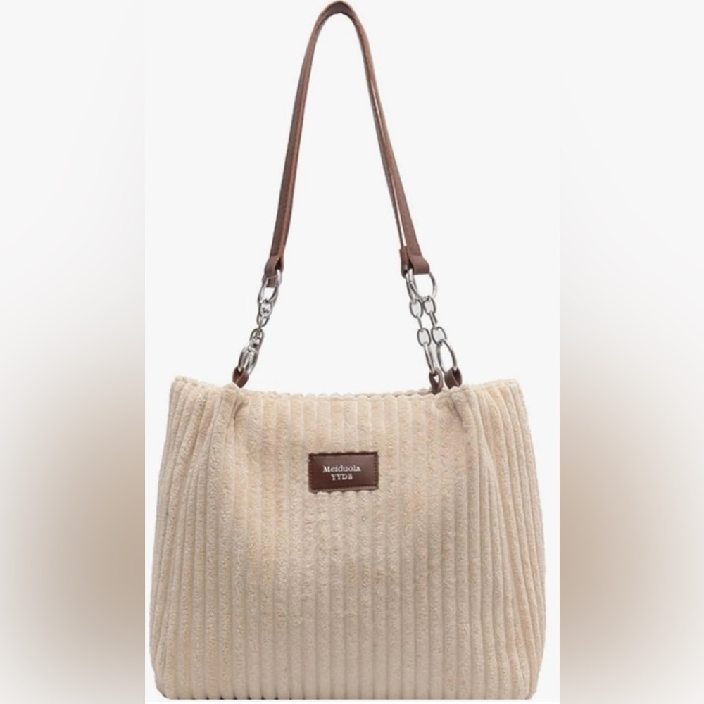 Ivory chenille‎ with brown leather straps shoulder bag